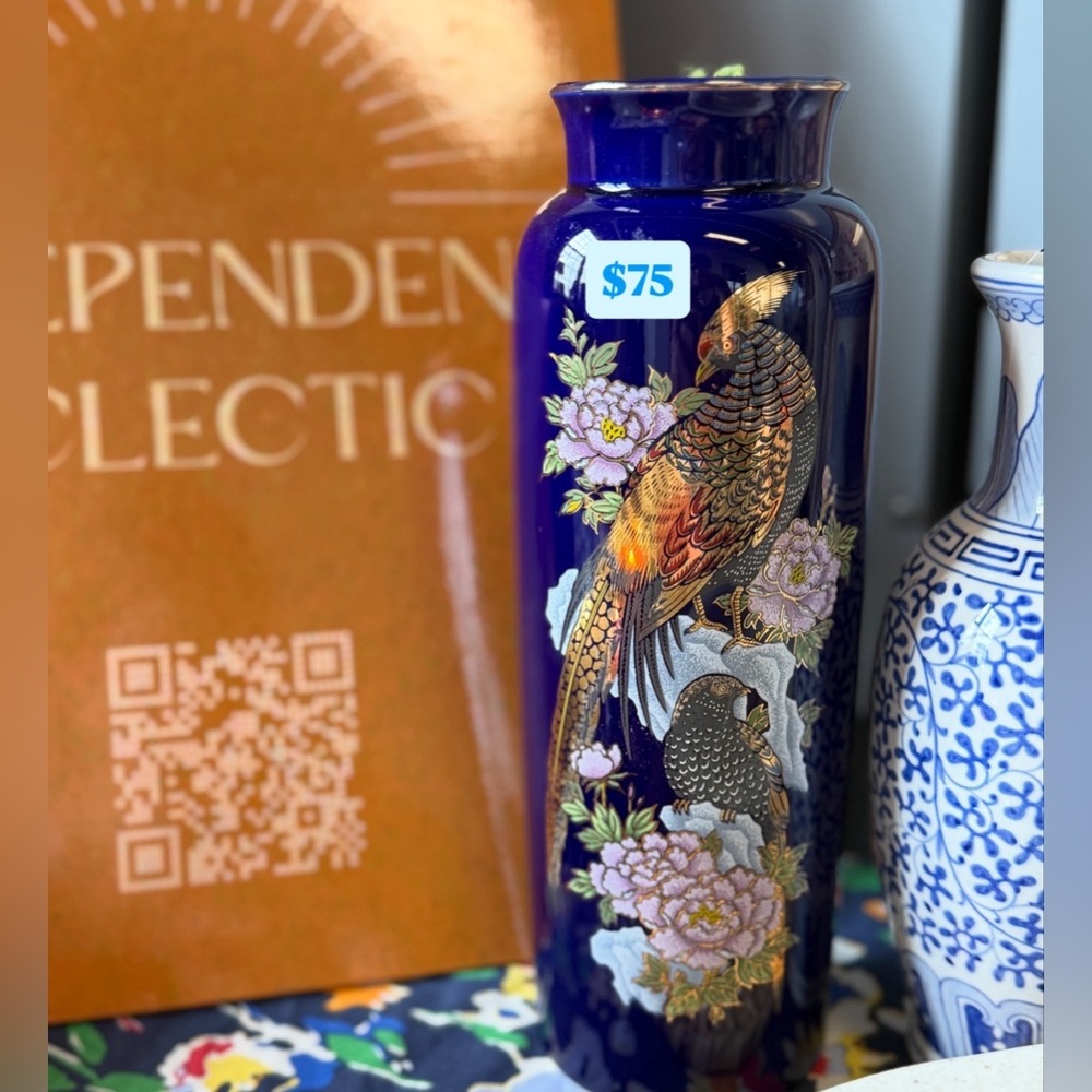 Elegant Blue KUTANI Vase with Gold and Purple Accents